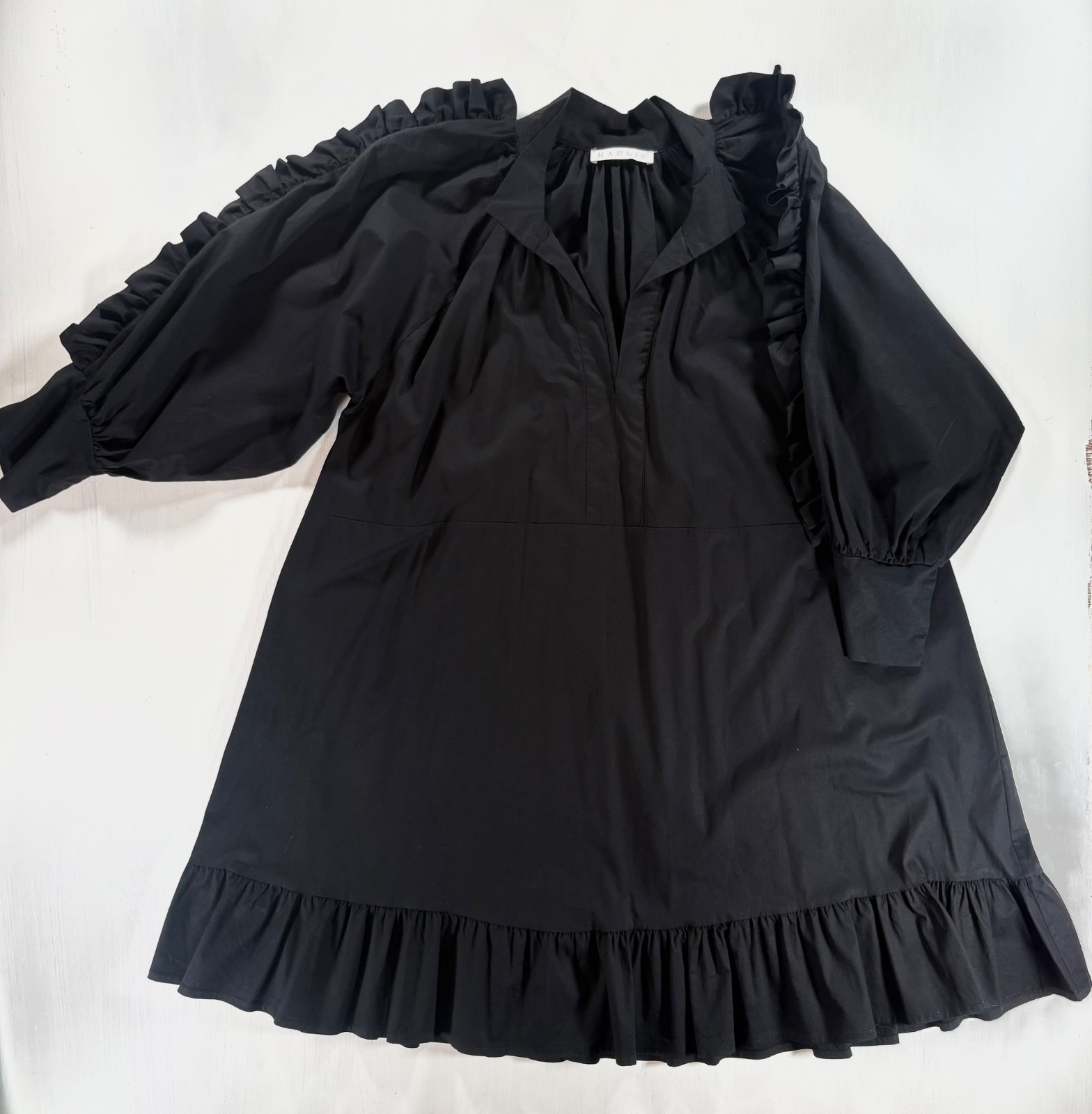 Karlie 100% Cotton Black Ruffle Trim Puff Sleeve Mini Dress Size M