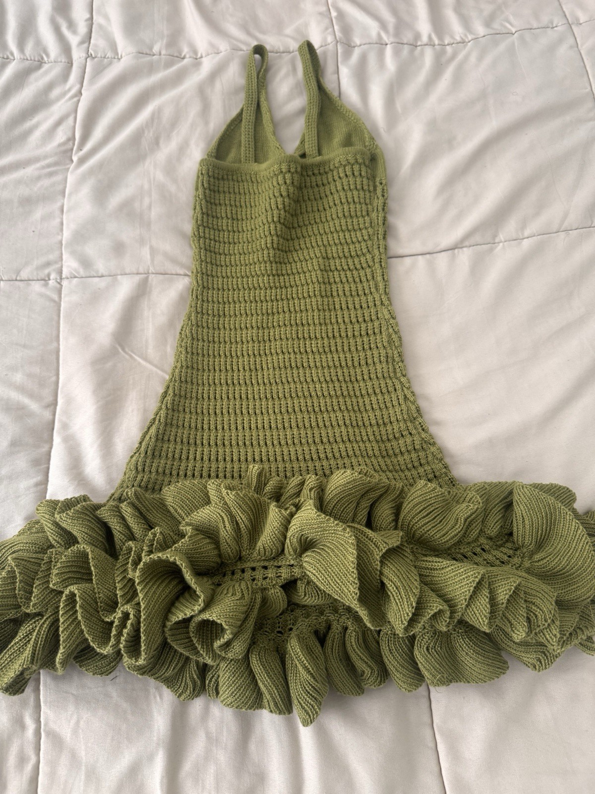 Womens Green Solid Knit Bodycon V-Neck Strappy Ruffle Hem Mini Dress S