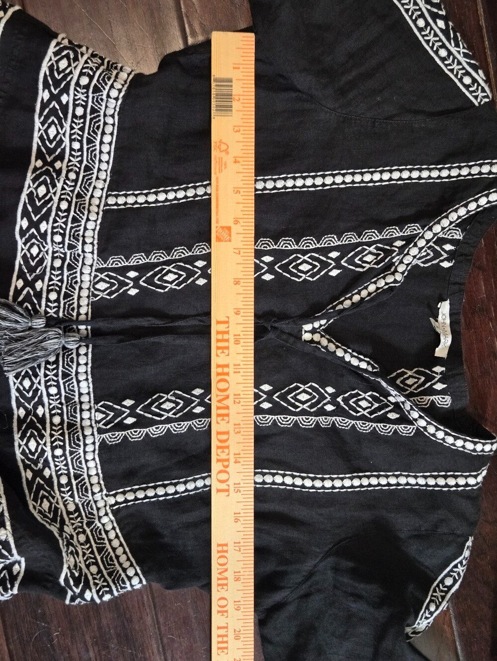 John Mark 100% Linen Black White Embroidered Tassel Tiered Dress Small