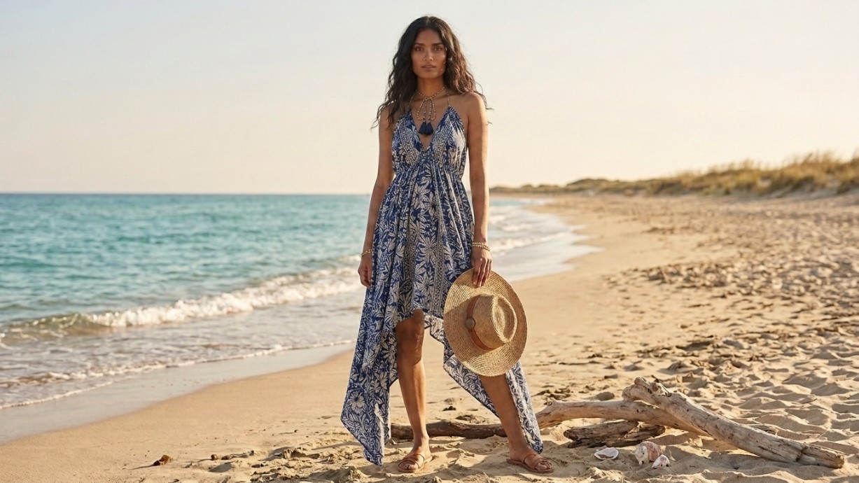 Paani Boho Paisley Floral Halter Maxi Dress Gray Blue Tassel Size M Beach Cruise