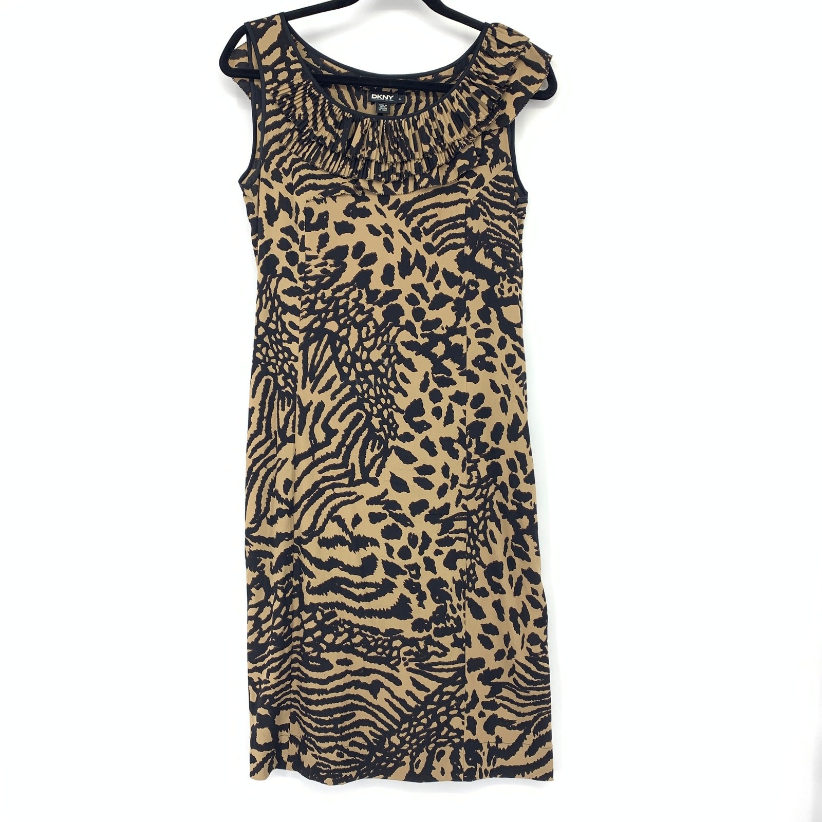 DKNY Cap Sleeve Shift Dress Womens Size 4 Leopard Animal Print Tan Black Silk