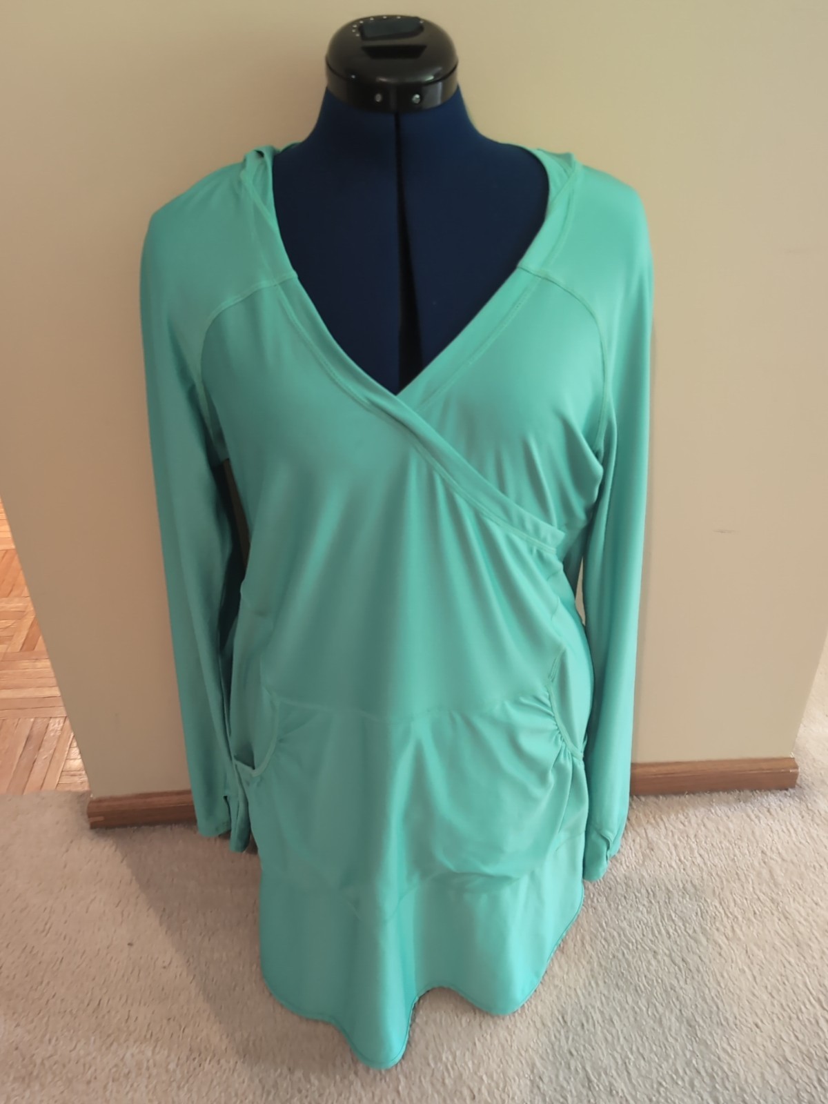 Athleta Green Lightweight Dress Pockets Hooded Sz Large