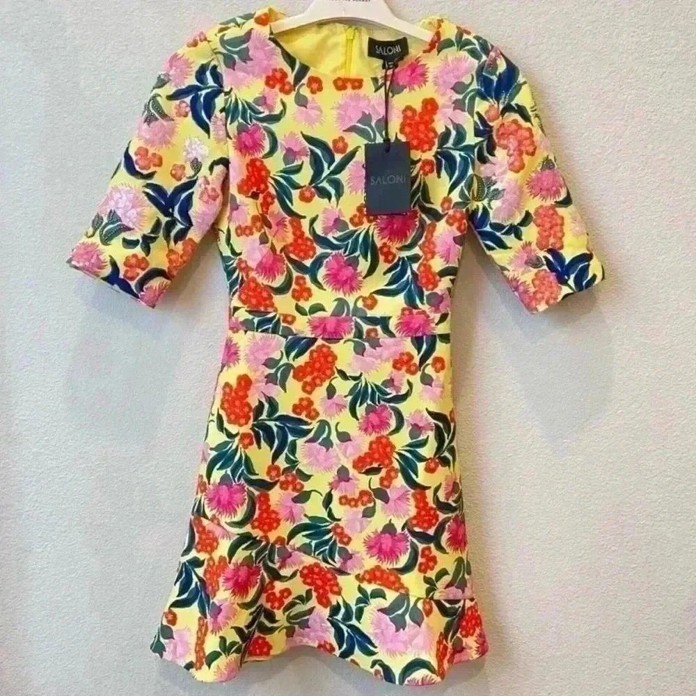 Saloni Tropical Floral Sequins Dress Size 2 Yellow Pink Multi Color Mini NWT