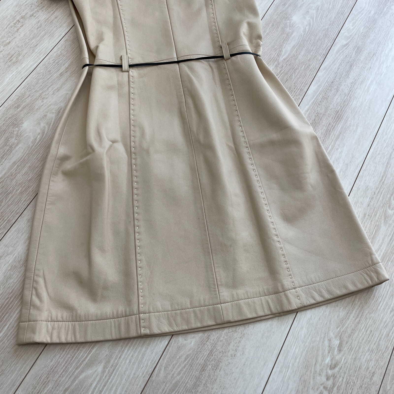 Courreges Sheepskin Lamb Leather Dress Beige Zip Woman Size L US/S-M Japan Rare