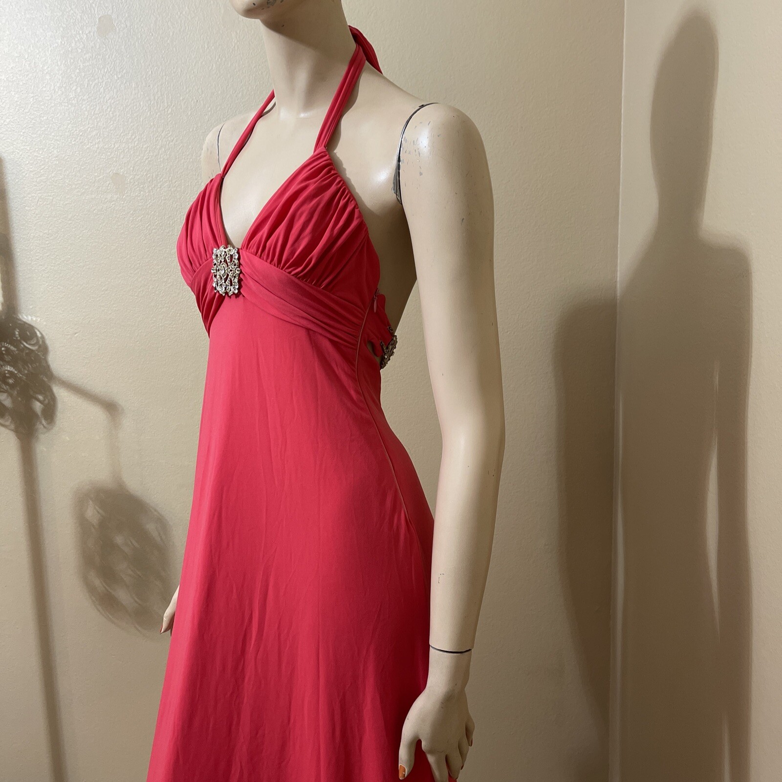 Women’s Coral Polyester Party Open Buckle Metal Belt Bead Size 8 Evening Dress