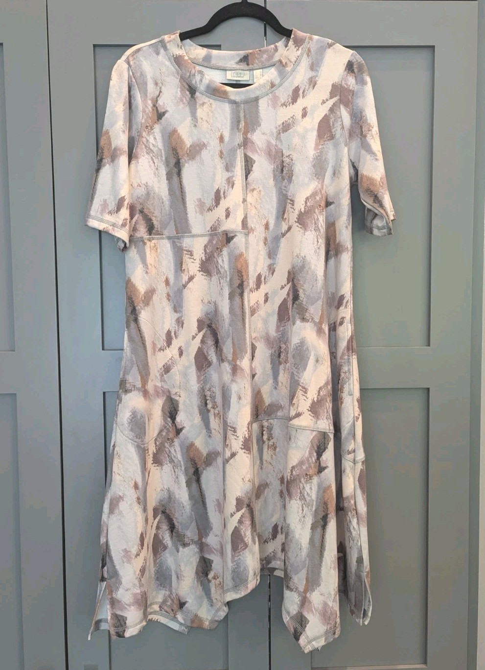 LOGO Lounge Lori Goldstein Printed French Terry Dress Small Beige Pockets Boho