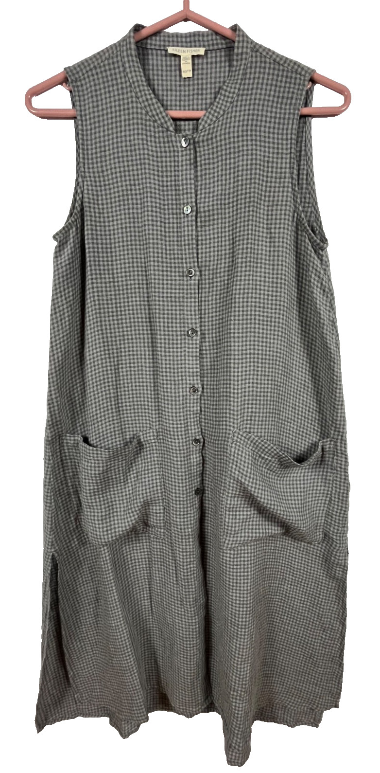 Eileen Fisher Organic Linen Gingham Tunic Dress XXS Gray Lagenlook Pockets