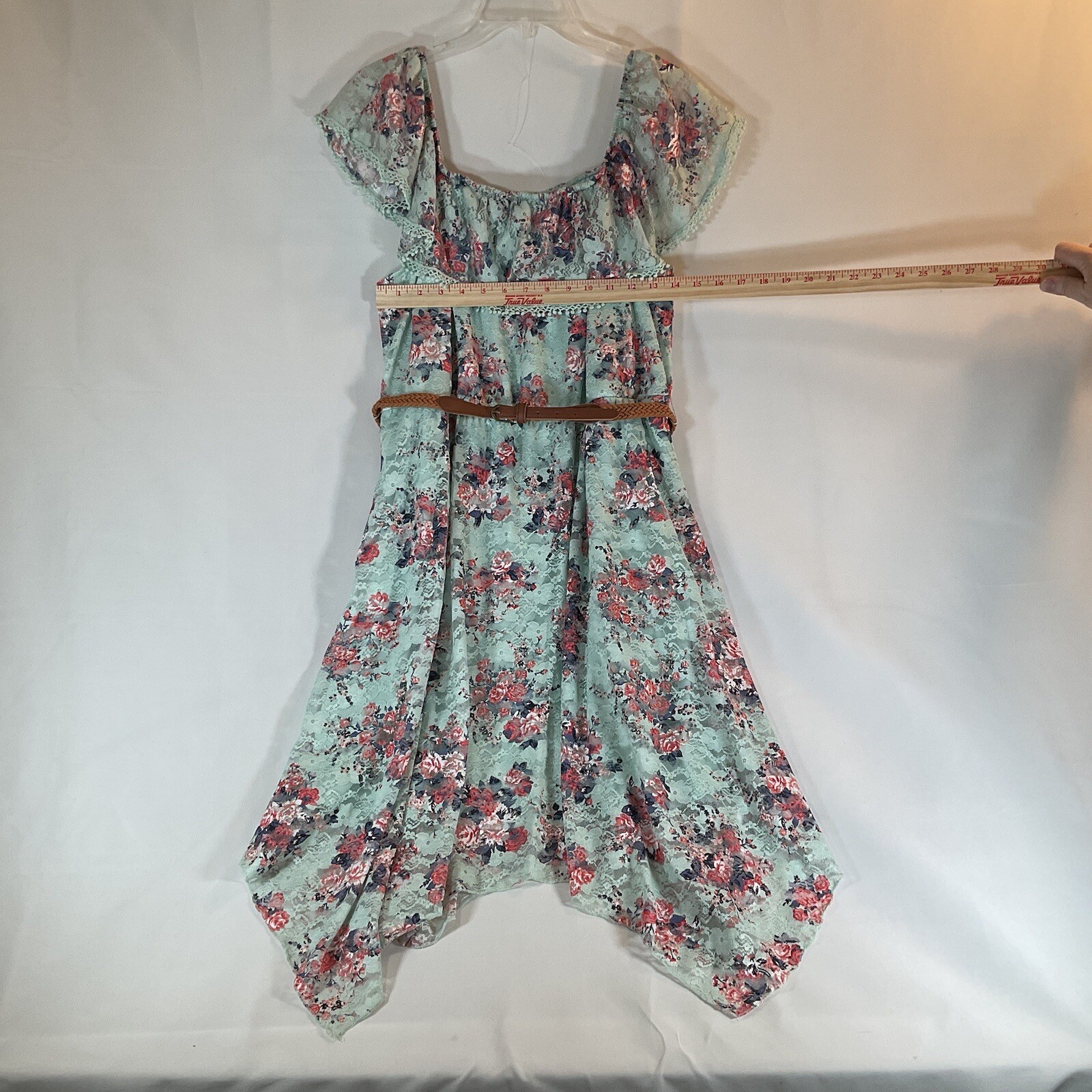 No Bounderies Aqua/Mint Blue Floral Lace dress with Belt, Junior size XXL