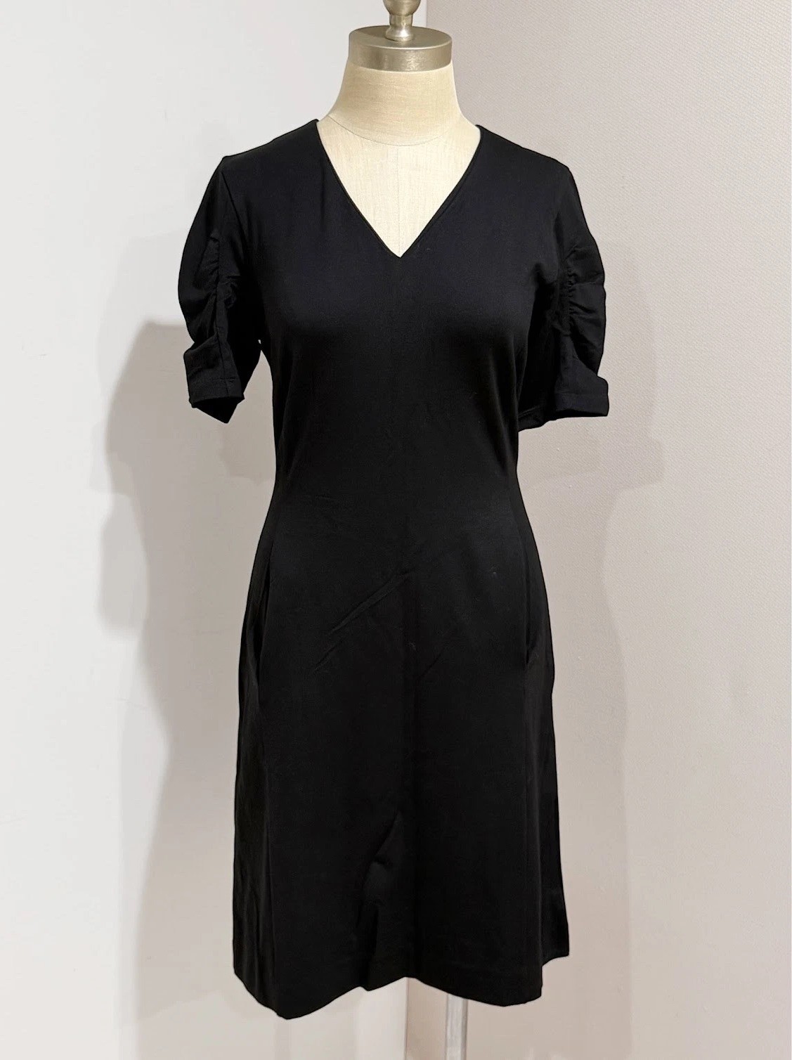 Cabi Style #3827 Black Ruched Sleeve Minimalist Ponte Knit Dress Size S
