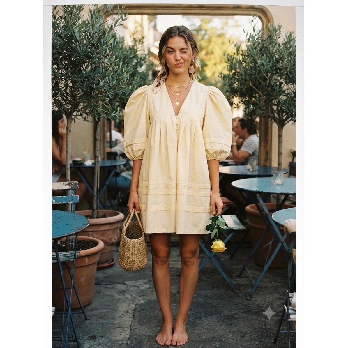 Mable Yellow Puff Sleeve V Neck Tiered Skirt Babydoll Mini Dress Coquette Small
