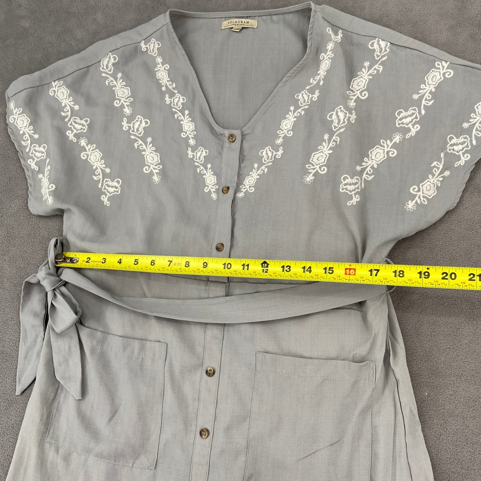 Polagram Grey Embroidered Button Front Midi Dress Womens Small Short Sleeve Tie