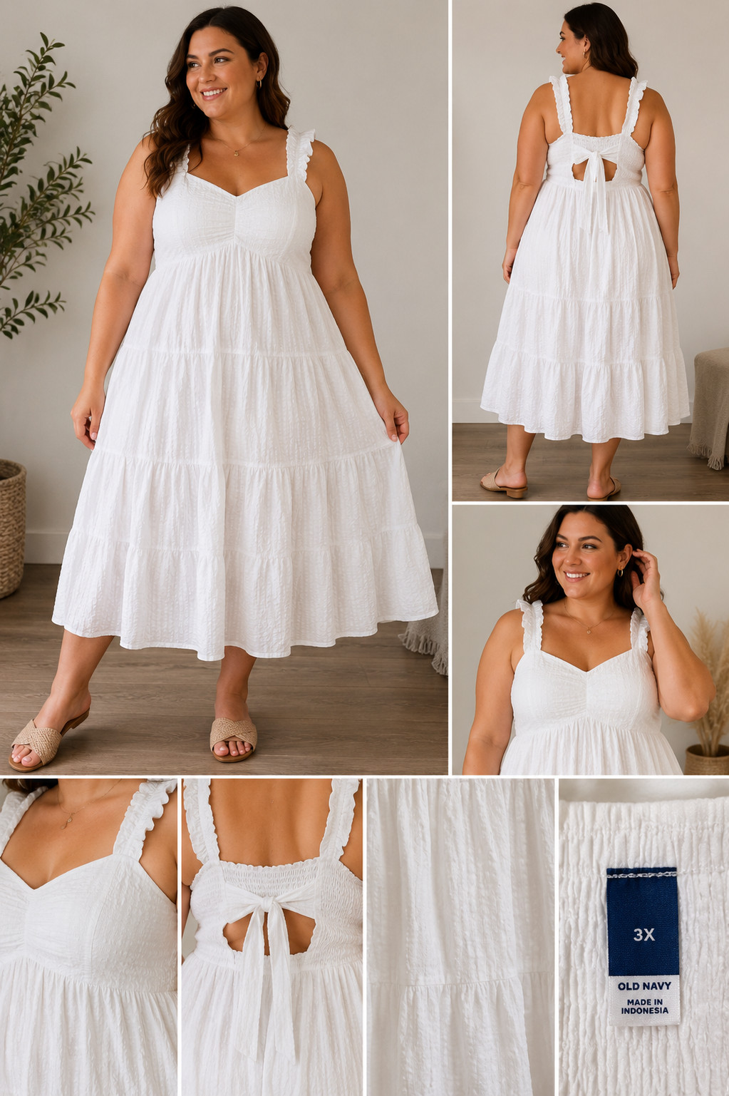 Old Navy Womens 3X White Tiered Gauze Dress Lined Sleeveless Smocked Tie Back