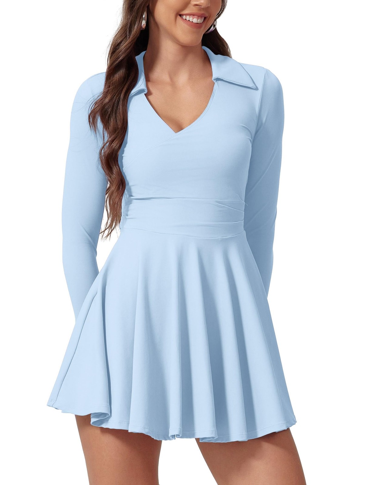 ABEHIK Women’s Tennis Dress 2-in-1 with Built in Shorts Long Sleeve V Neck