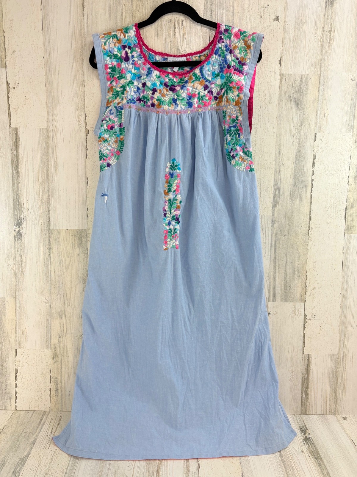 Mi Golondrina Sz L Midi Dress Blue Hand Embroidered Mexico
