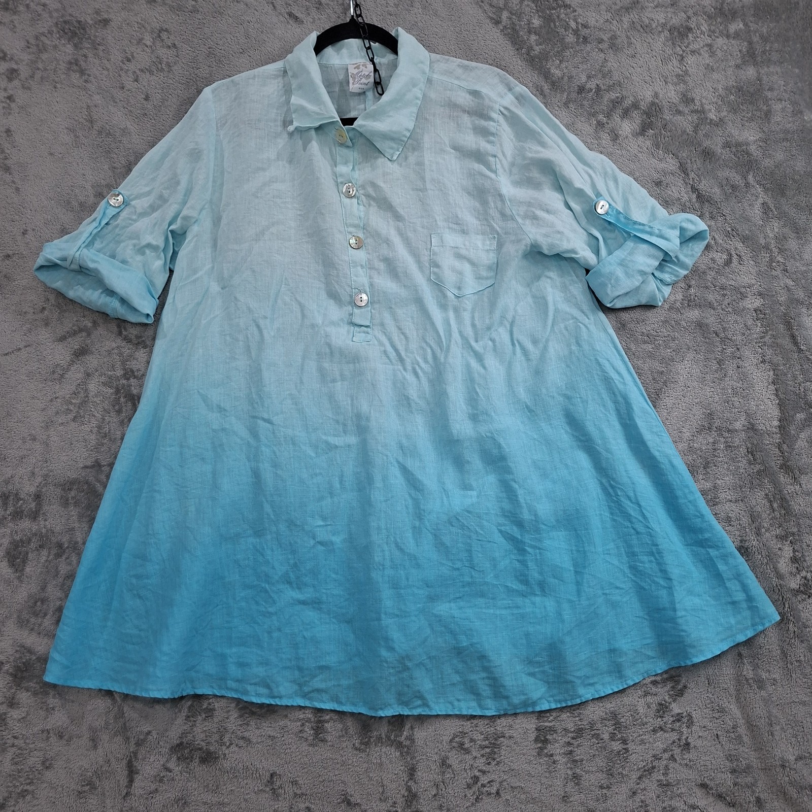 Match Point USA Dress Women S Tunic Blue 100% Linen Lagenlook Roll Tab Pocket