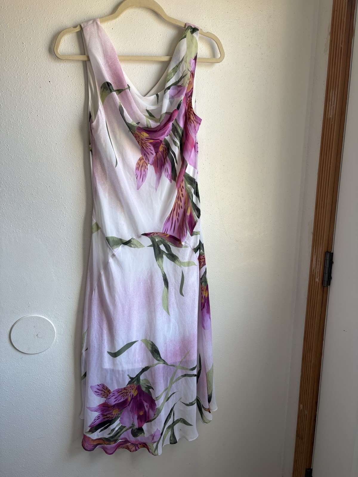 Robbie Bee Floral Sleeveless Midi Dress Ruffle White Purple Green Size 6