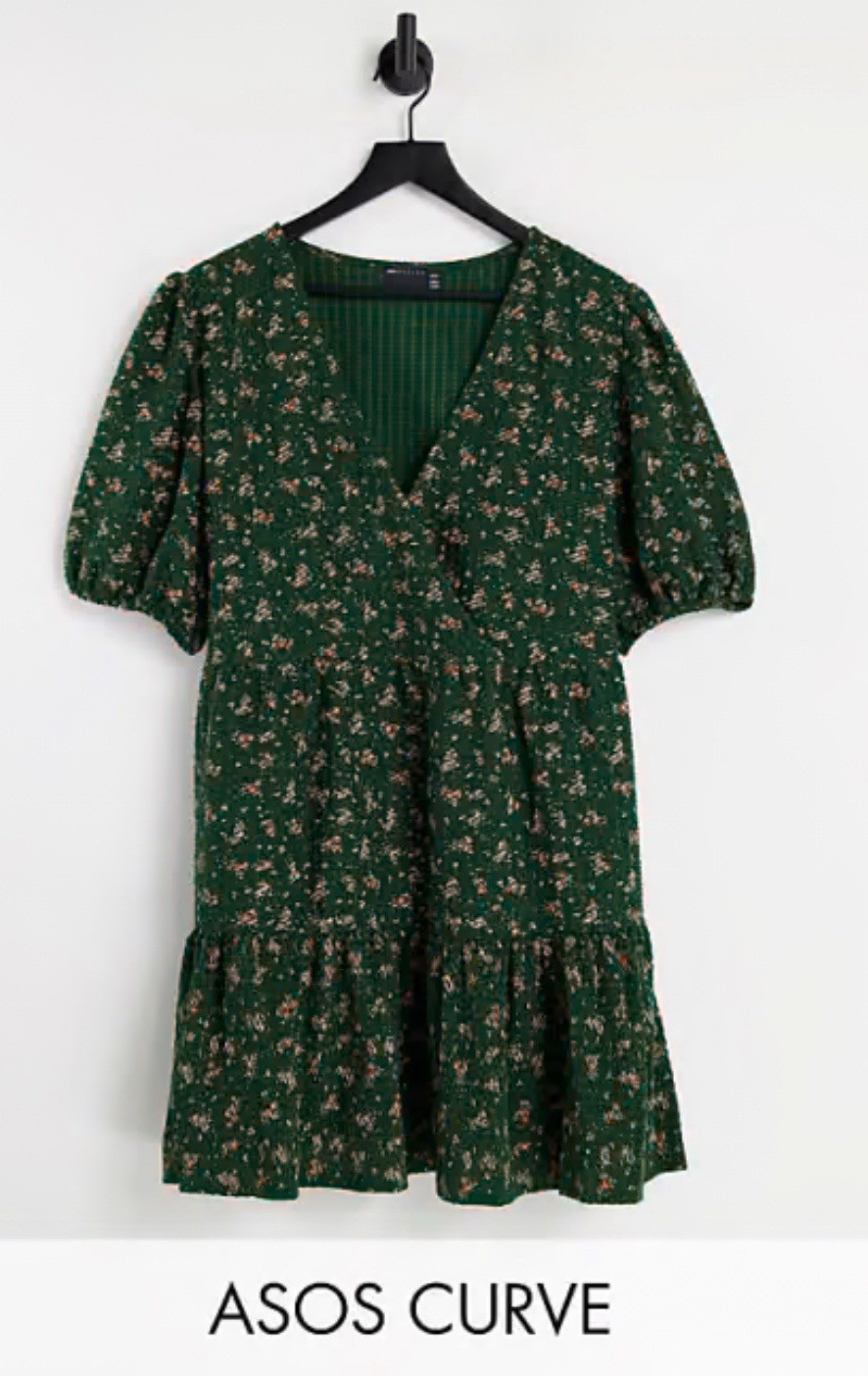ASOS DESIGN CURVE Textured Mini Wrap Dress With Pep Hem Forest Floral Size 14