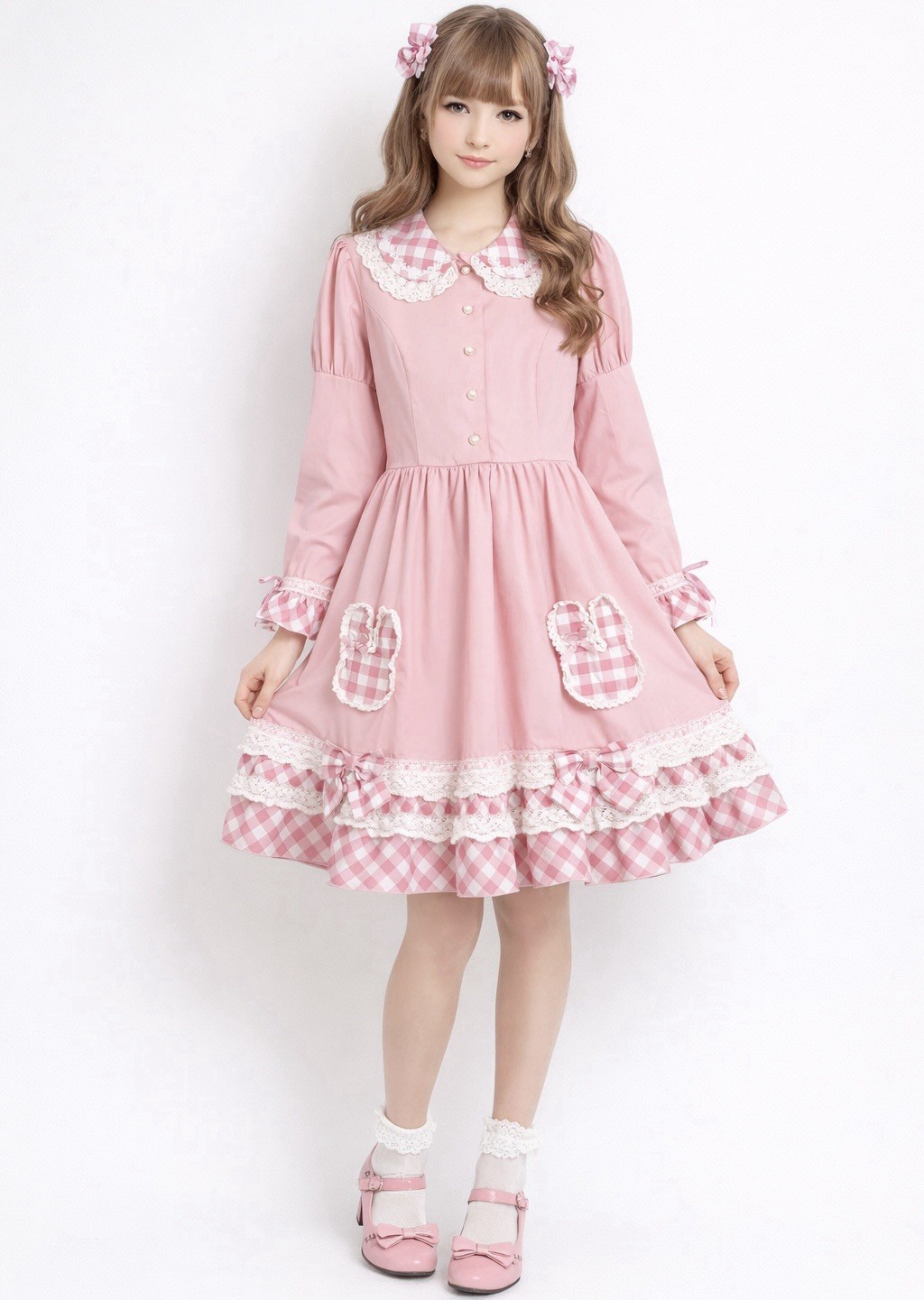Bodyline Pink Sweet Lolita Dress Bunny Appliqué Gingham Lace Bow OP Kawaii