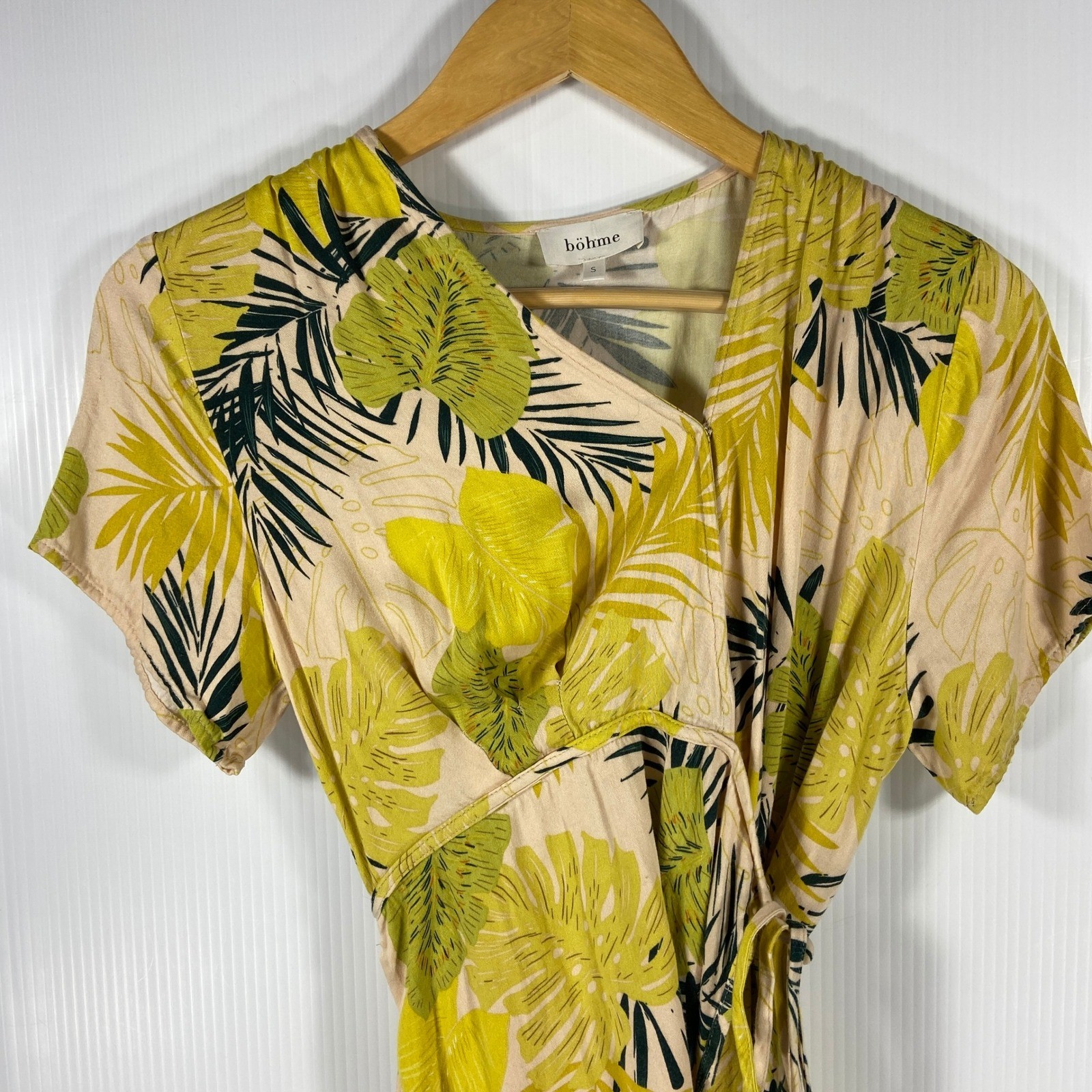 Bohme Shauna Tropical Mini Wrap Dress Apricot Green Yellow Womens Small