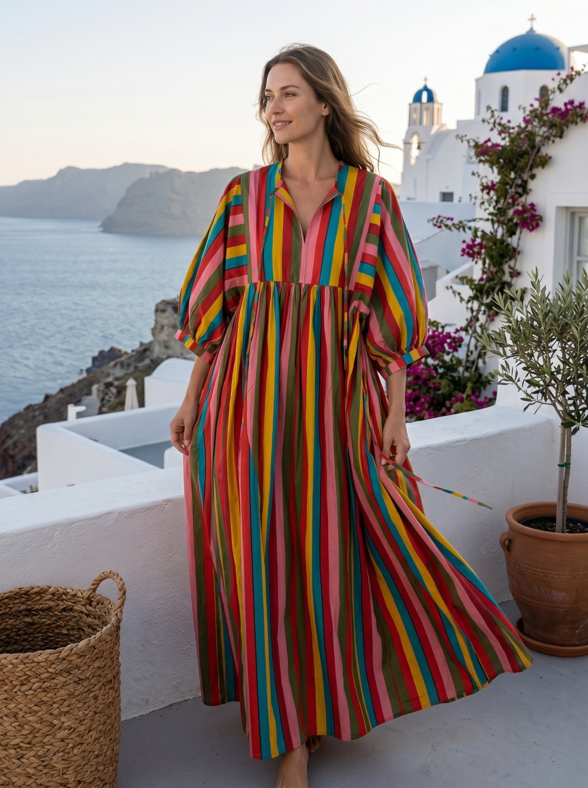 Women’s Cotton Striped Maxi Dress Boho Balloon Sleeve Loose Fit Long Dress