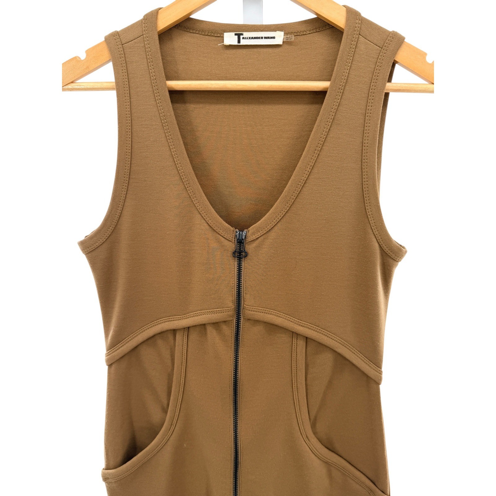 T by Alexander Wang Brown Full Zip V-Neck Sleeveless Pockets Mini Dress Small