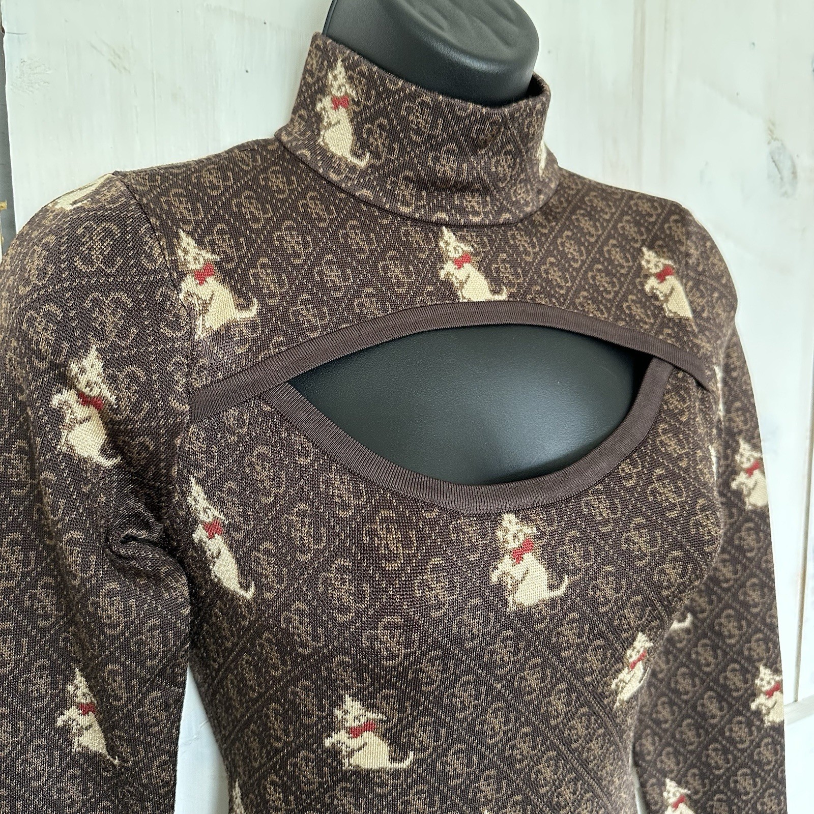 Brandalised Banksy Graffiti Cat Monogram Cutout Mock Neck Mini Dress Brown XS