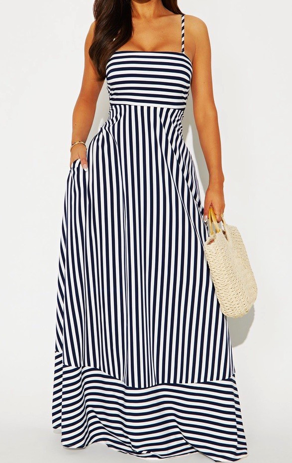 Fashion Nova Women’s S Blue/White Striped Square Neck Spaghetti Strap Maxi