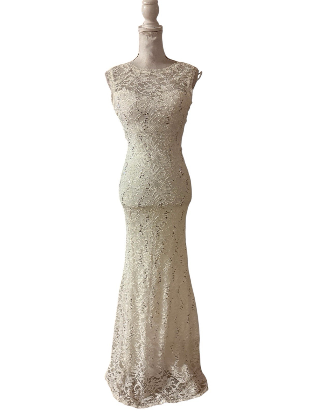 Vtg Windsor Beaded Lace Evening Mermaid Gown Sequins Backless Made In USA Sz 5/6
