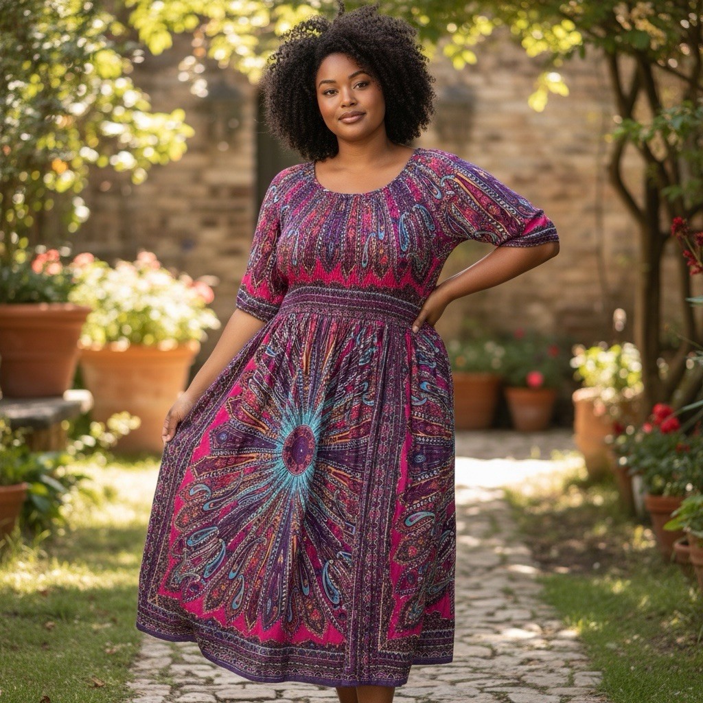Drapers & Damons Scarf Print Midi Dress Size 3X Cotton Smocked Boho Sundress