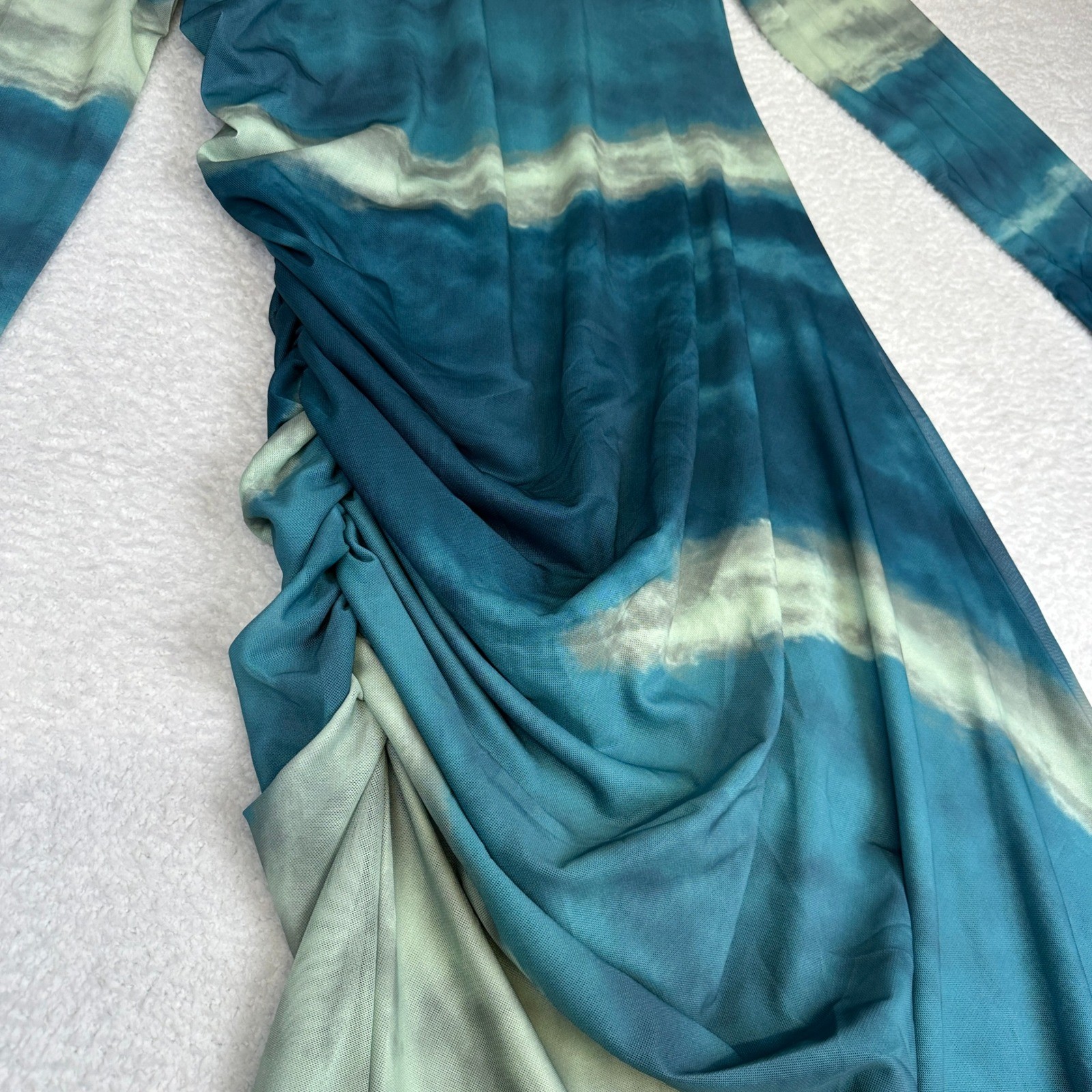 Luxury Tie Dye Maxi Dress Blue Green Ruched Long Sleeve Women’s size XL