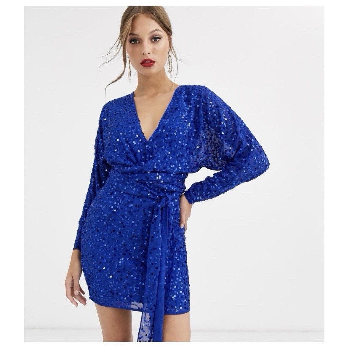 ASOS royal blue sequin mini dress with tie waist and long sleeves Size 4