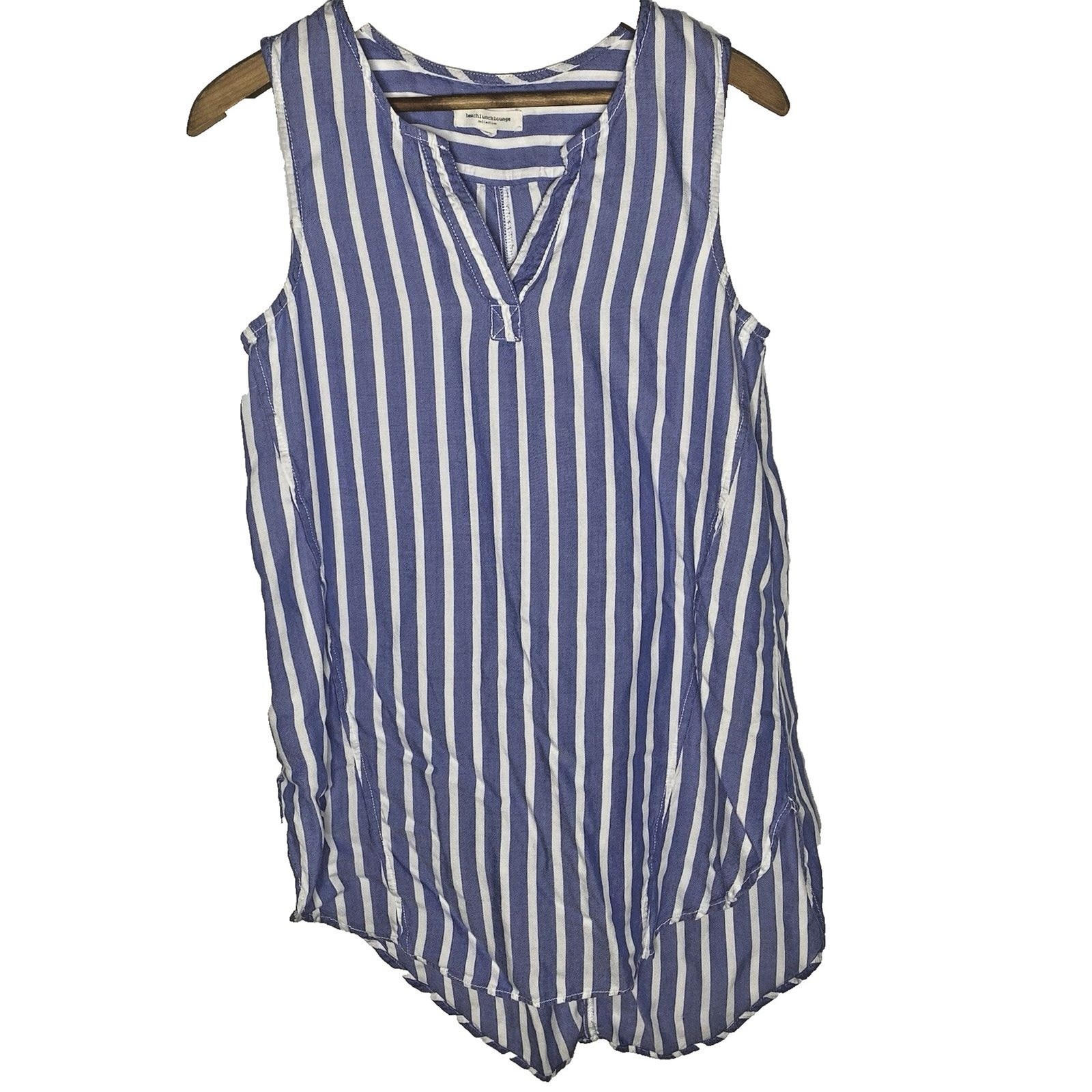 Beach Lunch Lounge Sleeveless Mini Dress Womens S Striped V-Neck Coverup Blue