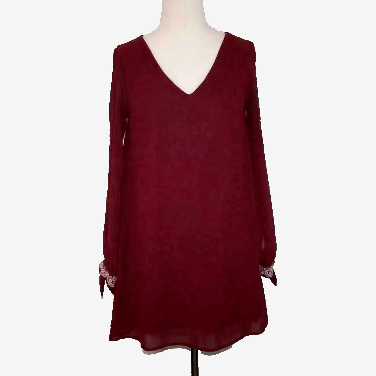 Miami Dress Flowy Cold Shoulder Tie Cuff Embroidered Burgundy Chiffon Size XS