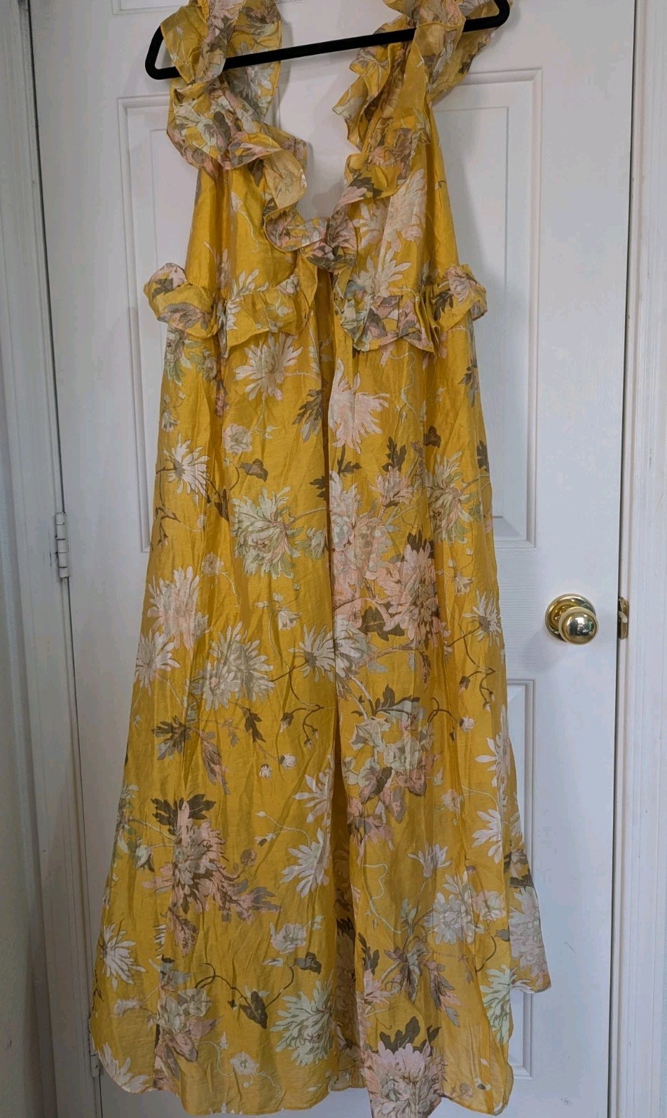 NWT H&M Ruffle Midi Dress XXL Yellow Floral Lined Low Back Tie Spring Summer