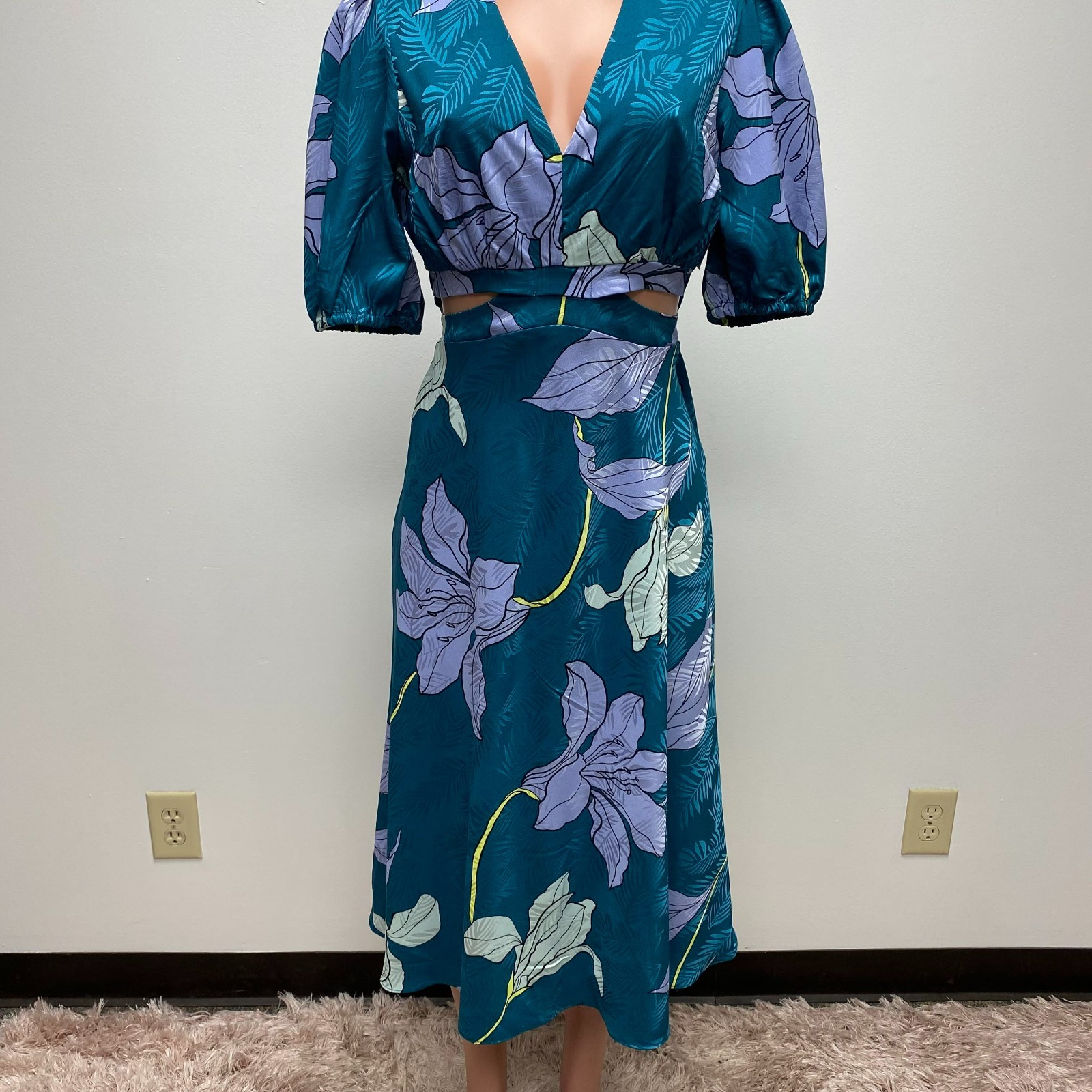 Sofia Jeans by Sofia Vergara Womens Blue Floral Satin Jacquard Midi Dress S