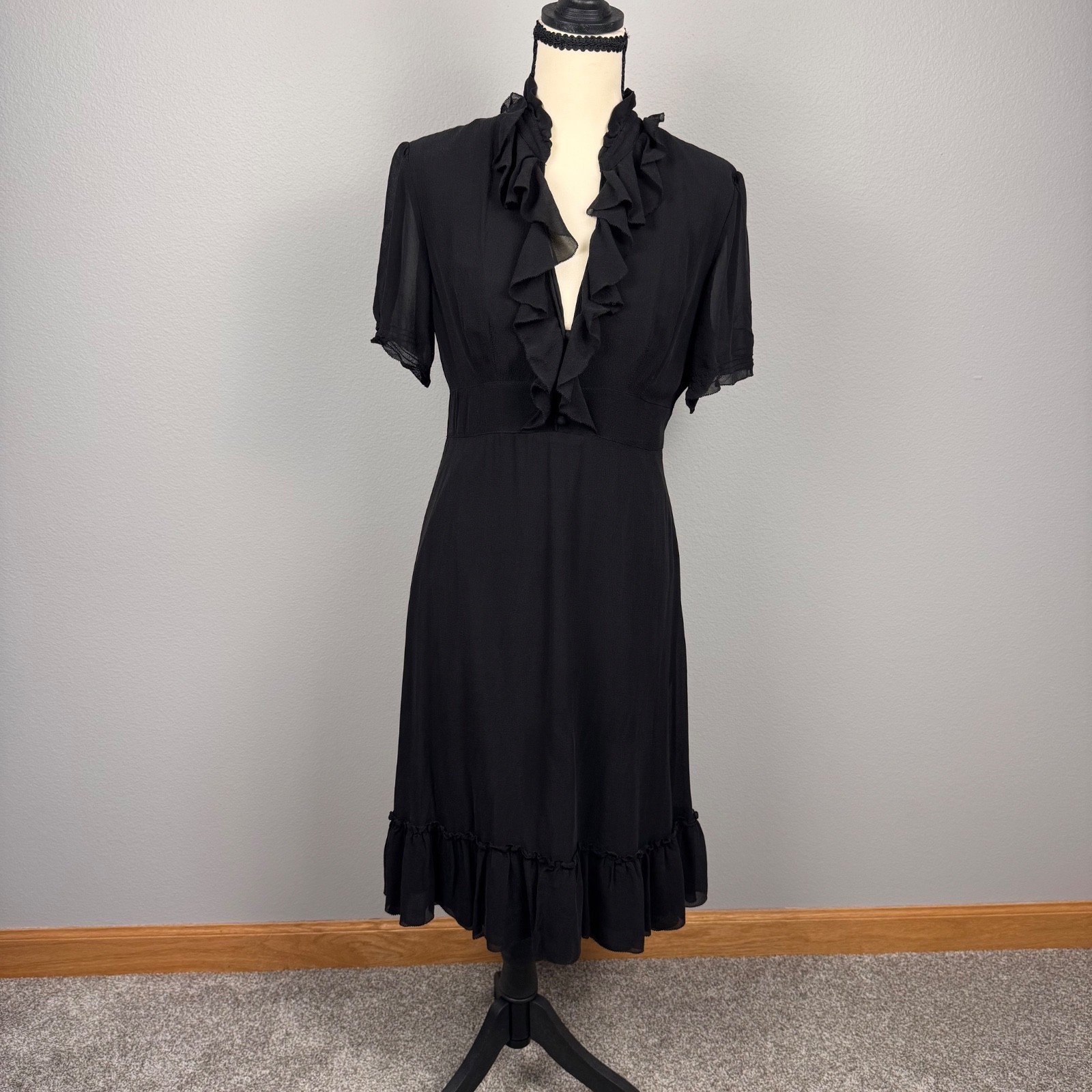 Vintage J.Crew 100% Silk Ruffled Dress Black Size 8