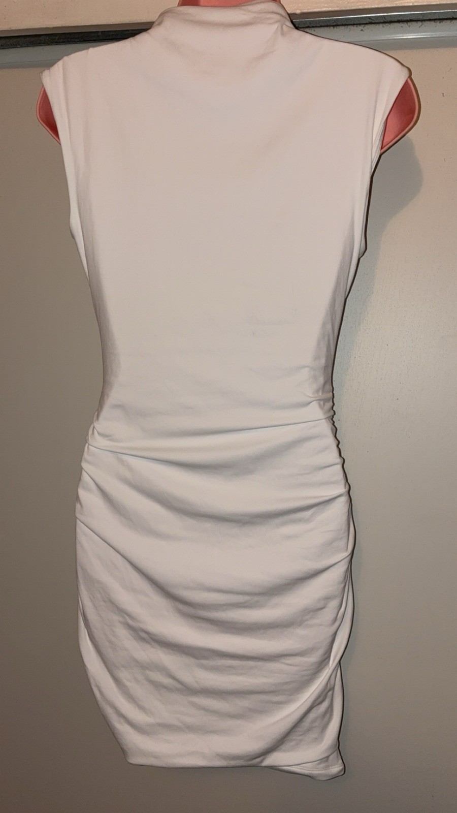 White Solid Ruched Sleeveless Cowl Neck Mini Dress, Women’s Regular Size M