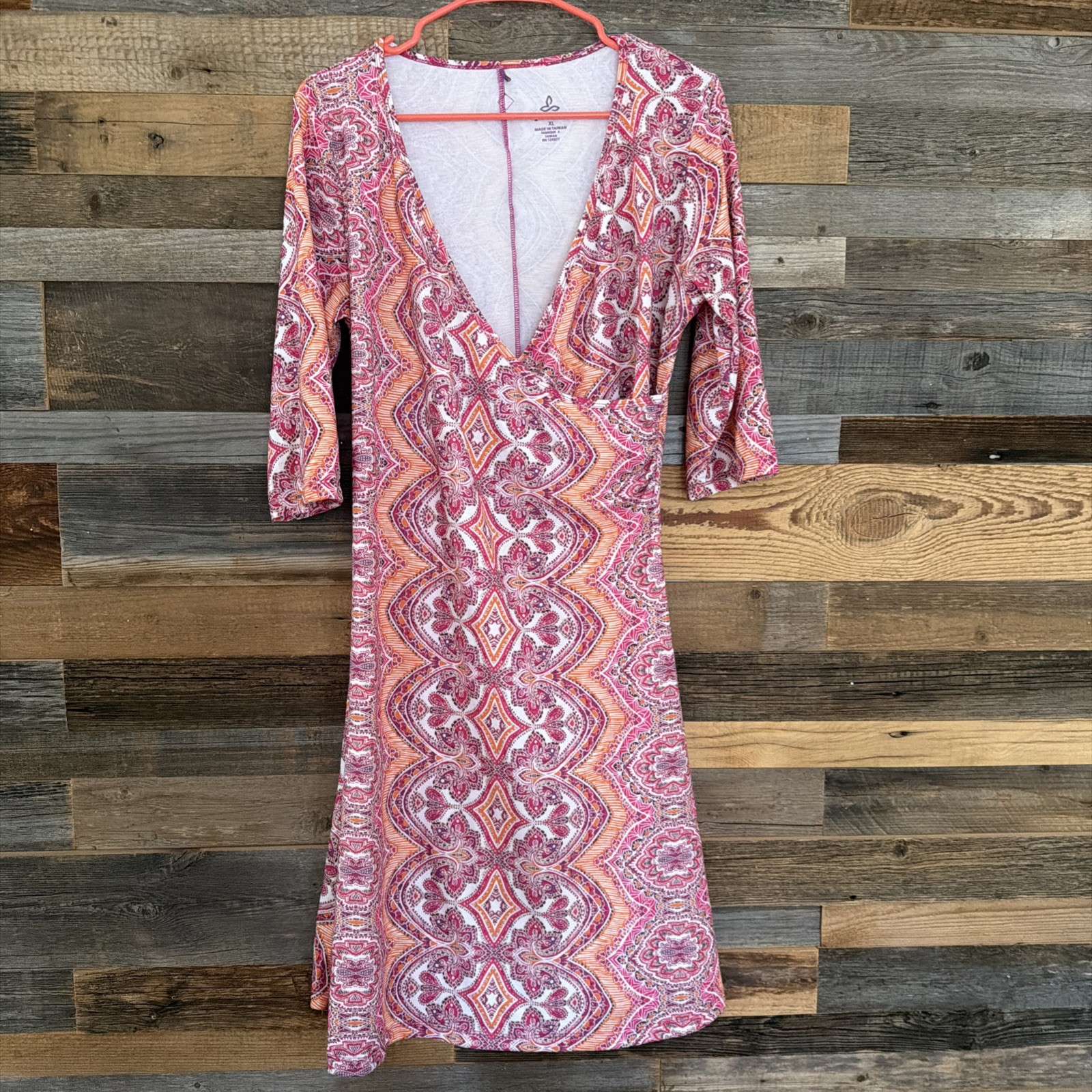 prAna NADIA Faux Wrap Dress Stretch Floral Print Hidden Pocket 3/4 Sleeve Sz XL