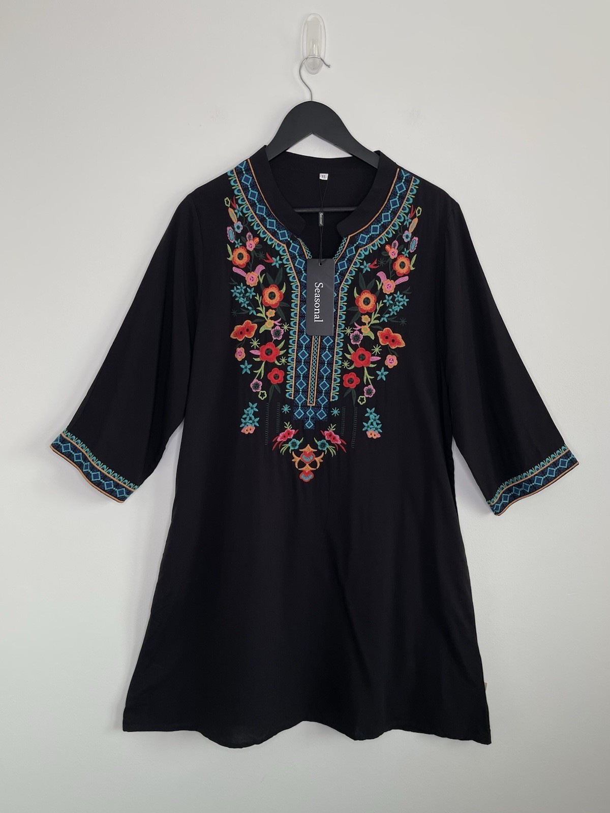 NWT Seasonal Black Boho Embroidered Tunic Dress 70s Hippie Bohemian Style XL