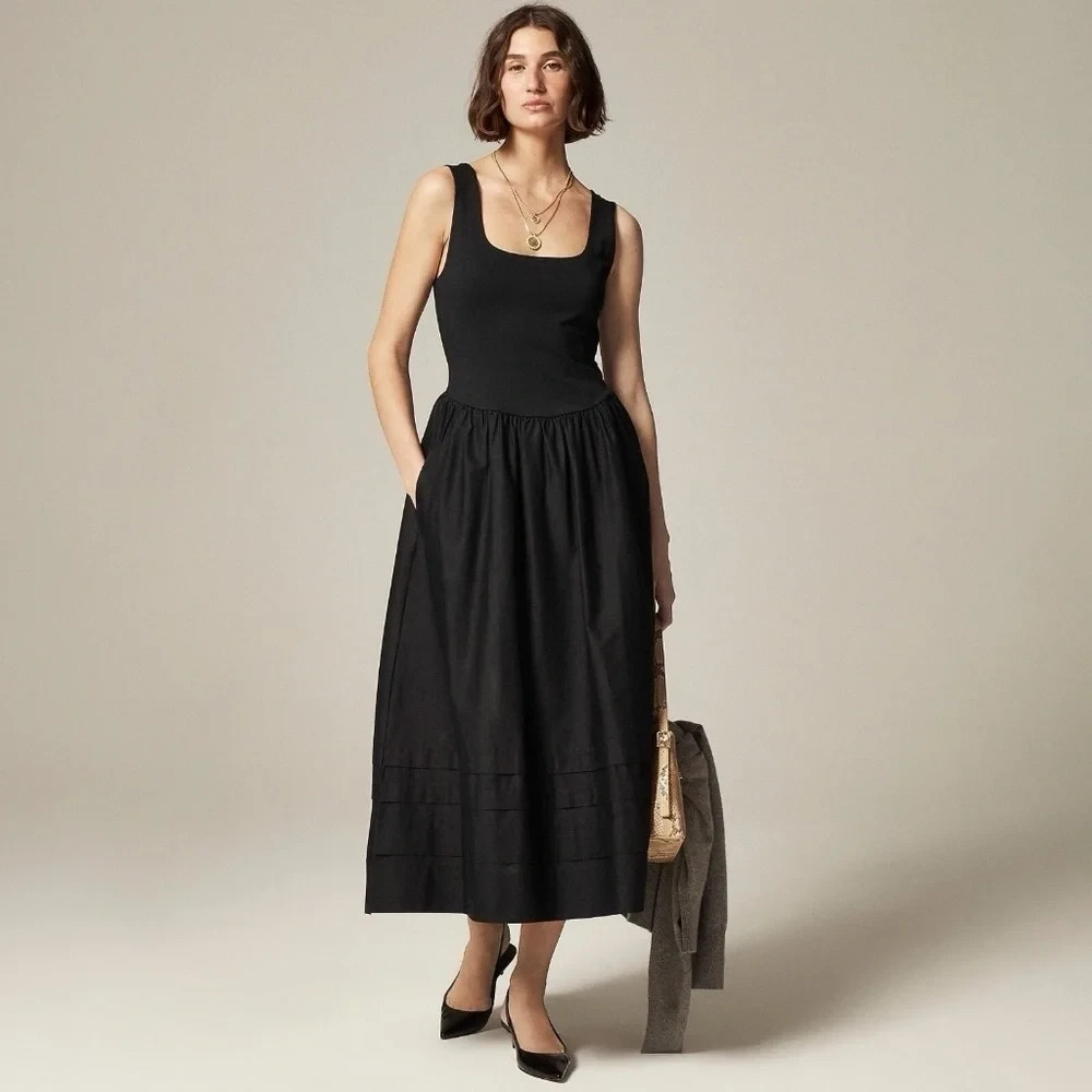 J. Crew Drop Waist Mixy Tank Dress w/Poplin Skirt+Pockets M Black Midi NWT CJ497