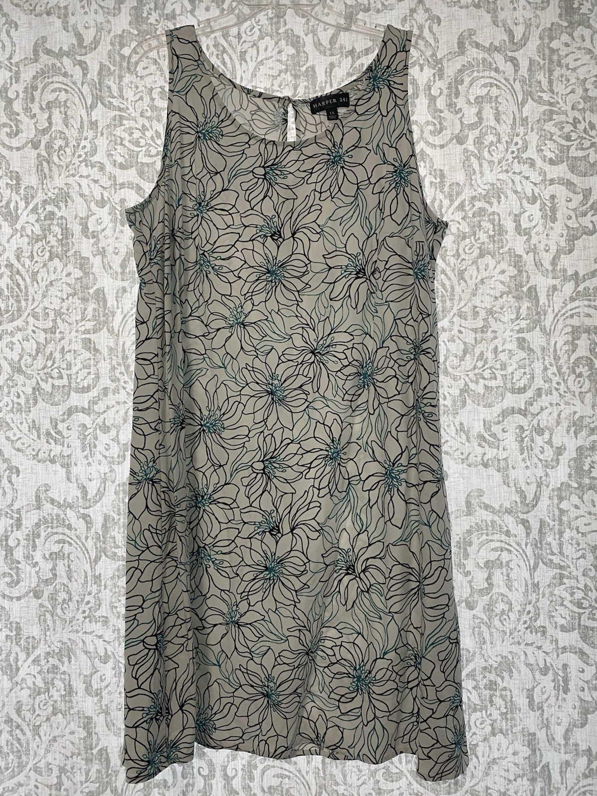 Harper 241 Linen Floral Beachy Vacation Boho Shift Dress White Black Teal 1X