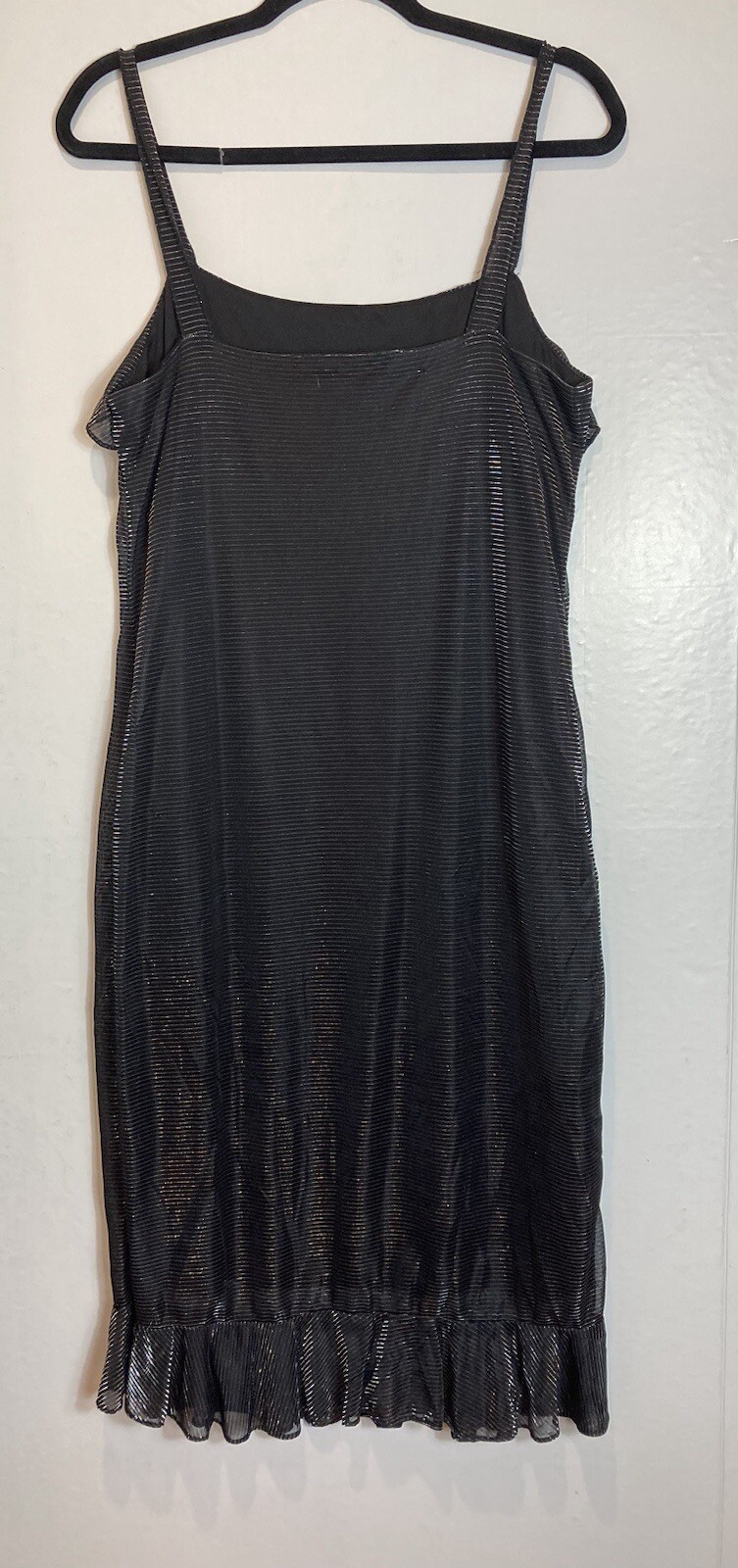 Vintage Fashion Bug Black Metallic Striped Slip Dress Size 12 Ruffle Hem 90s