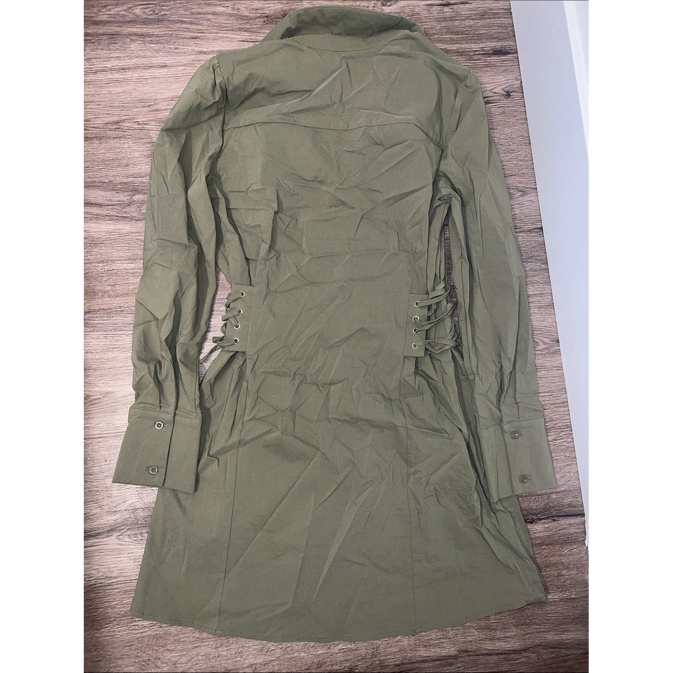 Olive Green Button-Front Shirt Dress with Side Lace-Up