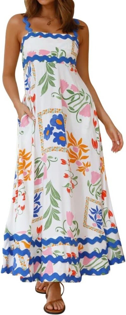 Women’s Summer Spaghetti Straps Sleeveless Smocked Sundresses Rickrack Trim Ruff