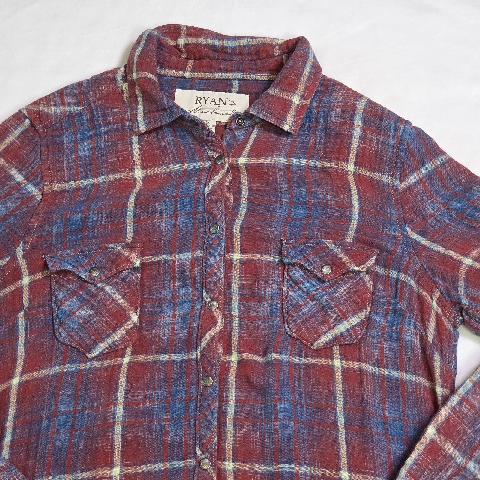 Ryan Michael Indigo Plaid Cotton Gauze Western Snap Front Shirt Dress Medium