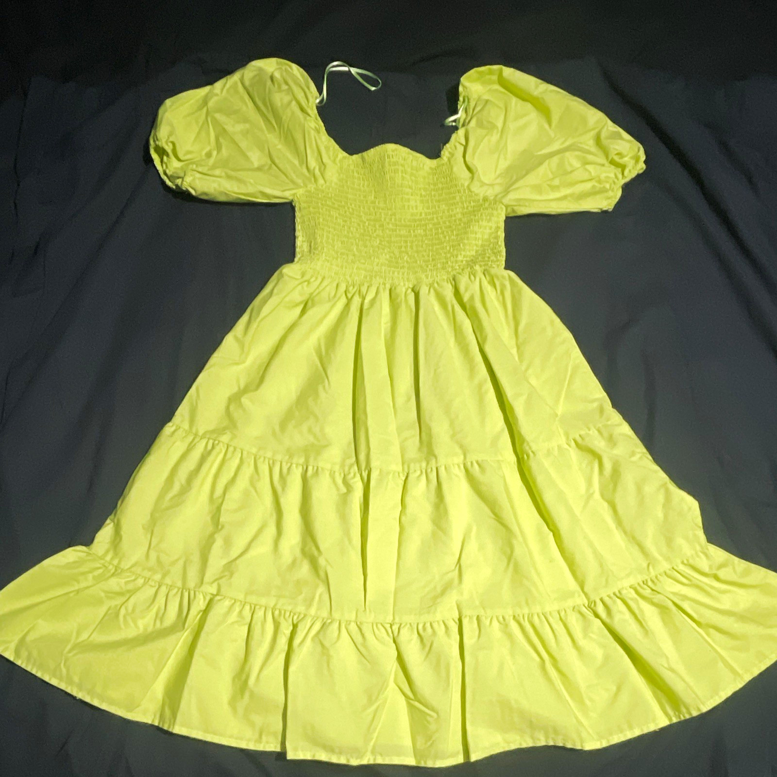 Lark + Grey Green Smocked Puff Sleeve Square Neck Midi A-Line Sundress S