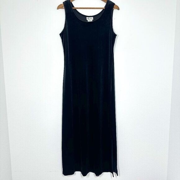 Vintage Black Velvet Maxi Dress Sleeveless Tank Stretchy Women’s Size 14 Witchy