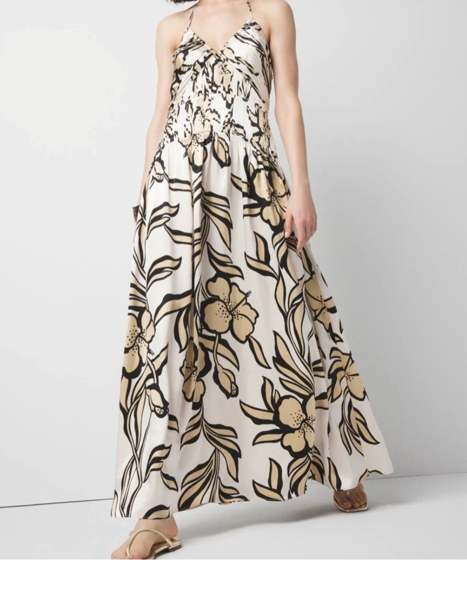 White House Black Market Satin Shirred Halter Maxi Dress Fiery Floral NWT $200 2