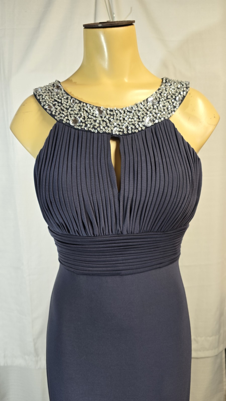 JS Boutique Gown 4 Navy Beaded Pleated Formal Evening Prom Maxi Dress
