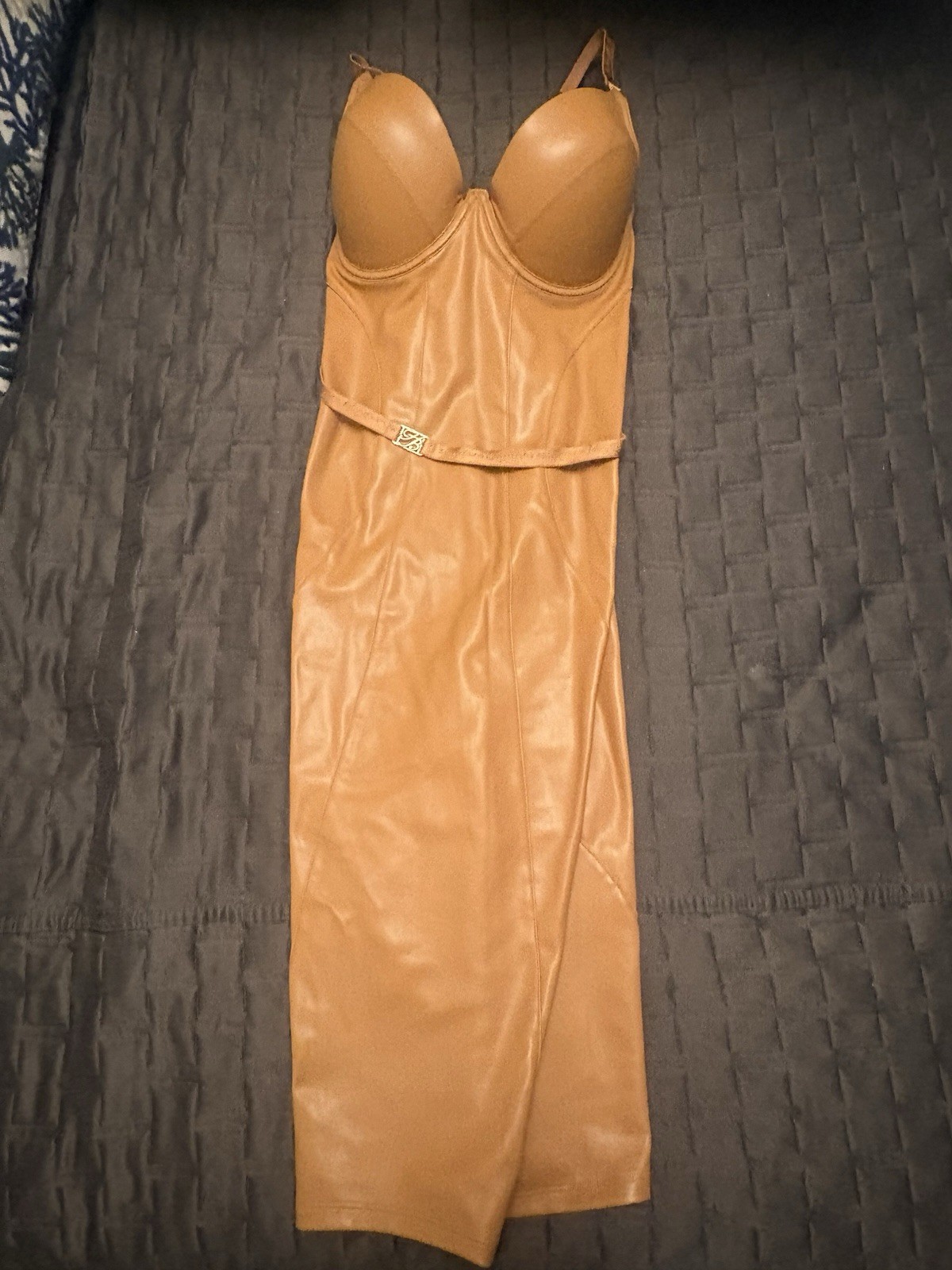 Honey Birdette Women’s S/M Brown Faux Leather Sleeveless Bodycon Long Dress